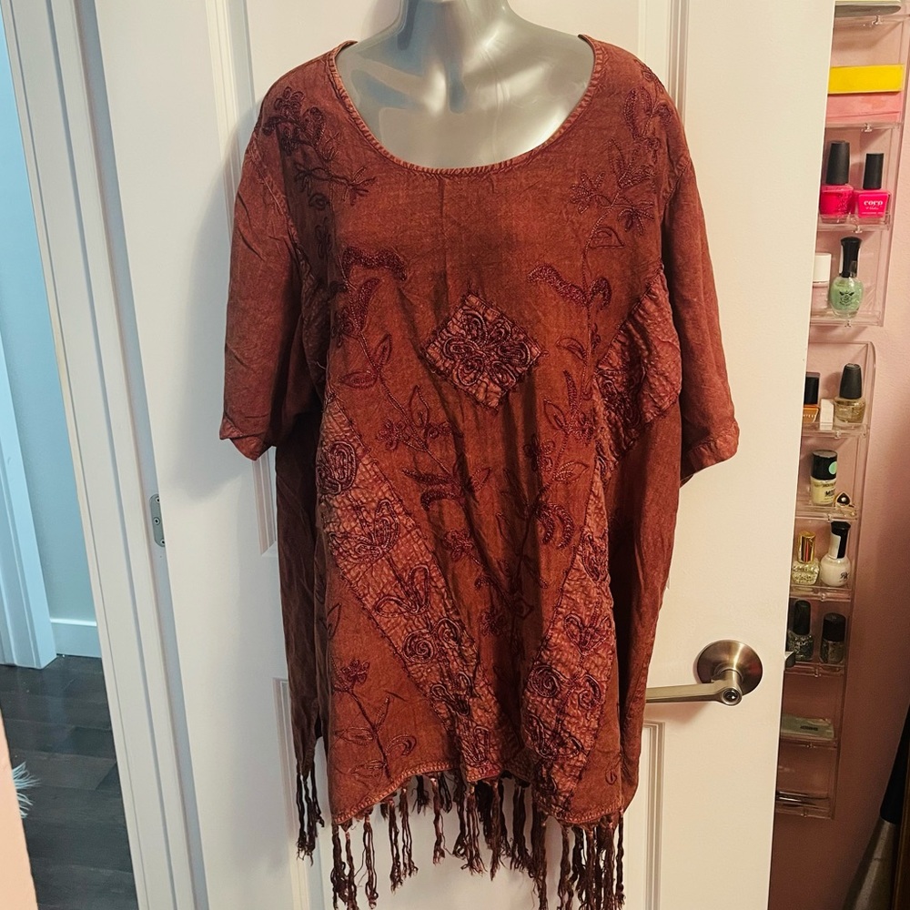 Brown embroidered fringe tunic
